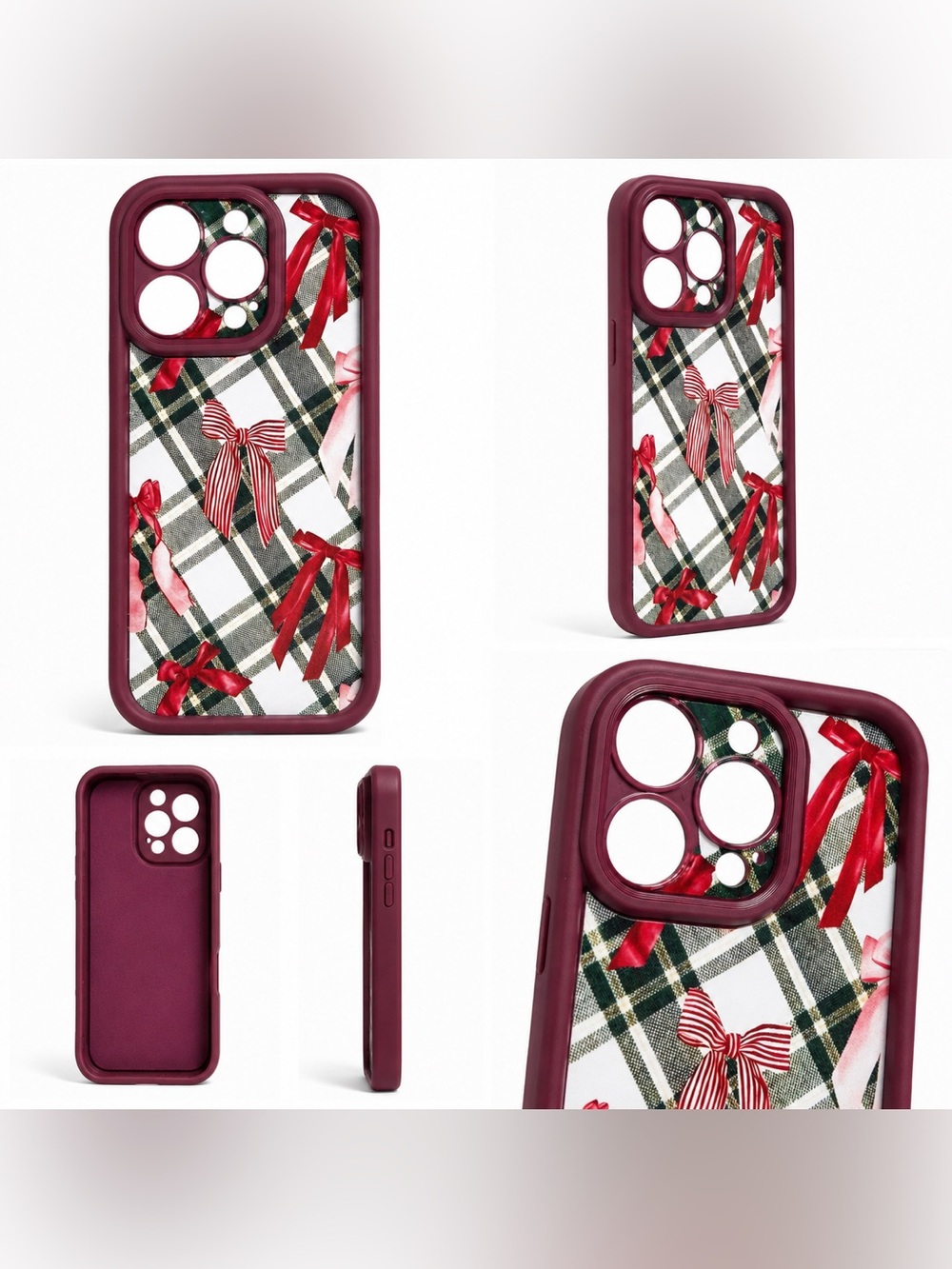Christmas Plaid Bow iPhone 15 Pro Case Burgundy Red Green